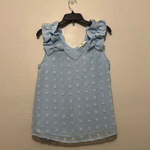 Entro Light Blue Ruffle Swiss Dot V Neck Chiffon Tank Blouse S‎ Fairy Romantic